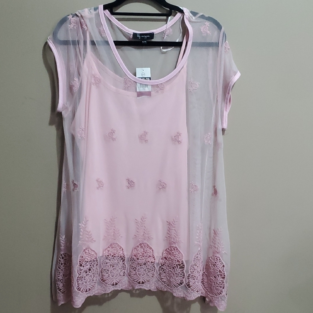Lily Morgan Pink Sheer Embroidered Top Size Xl